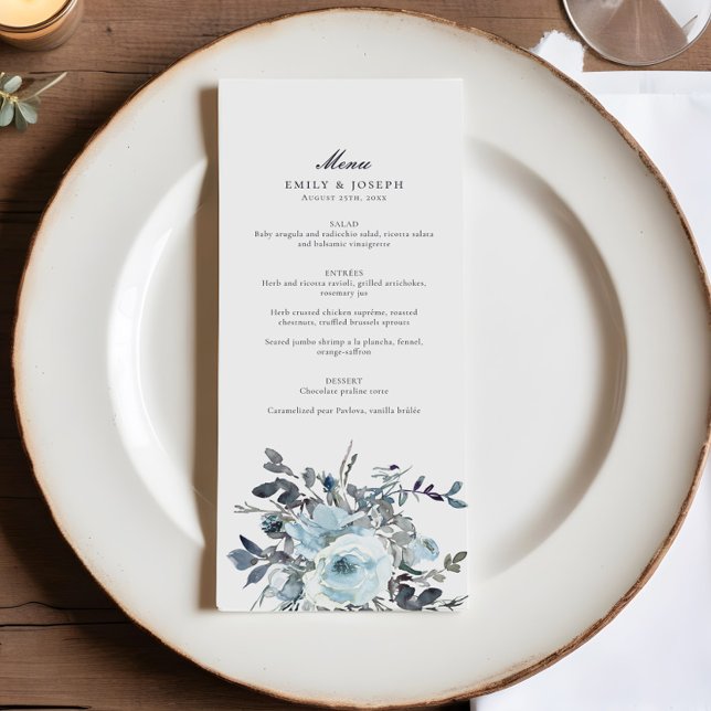 Menu Elégant Mariage d'aquarelle bleu-floral (Créateur téléchargé)