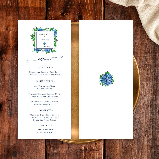 Menu Élégant Mariage d'aquarelle Blue Hydrangeas (Front/Back)