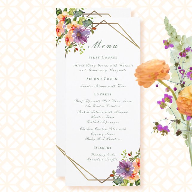 Menu Elégant Mariage d'aquarelle de pêche Floral Boho (Créateur téléchargé)