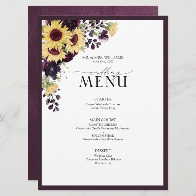 Menu Élégant Mariage d'aquarelle de tournesol violet de (Devant / Derrière)