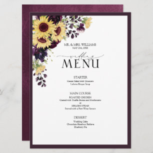 Menu Élégant Mariage d'aquarelle de tournesol violet de