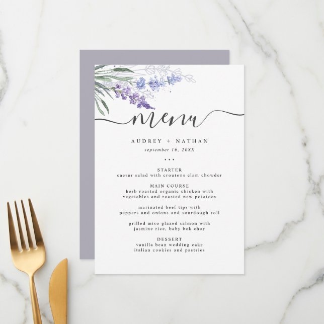 Menu Élégant Mariage d'aquarelle Lavender (Devant/Arrière en situation)