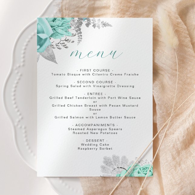 Menu Elégant Mariage d'argent Aqua Floral (Créateur téléchargé)