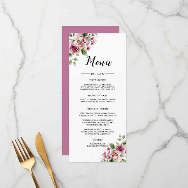 Menu Elégant Mariage de bouquet rose aquarelle (Devant/Arrière en situation)