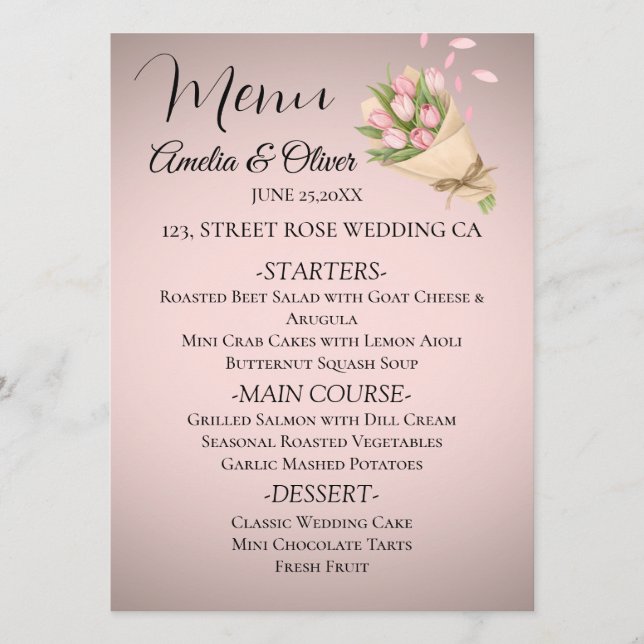 Menu Élégant Mariage de Bouquet Tulipes Roses (Devant)