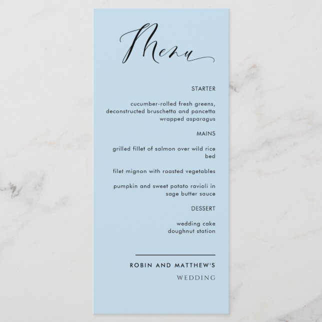 Menu Elégant Mariage de calligraphie bleu Dusty / Récep (Devant)