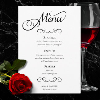 Menu Élégant Mariage de calligraphie noir et blanc