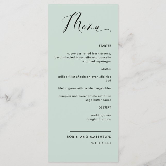 Menu Elégant Mariage de calligraphie verte Sage / Récep (Devant)