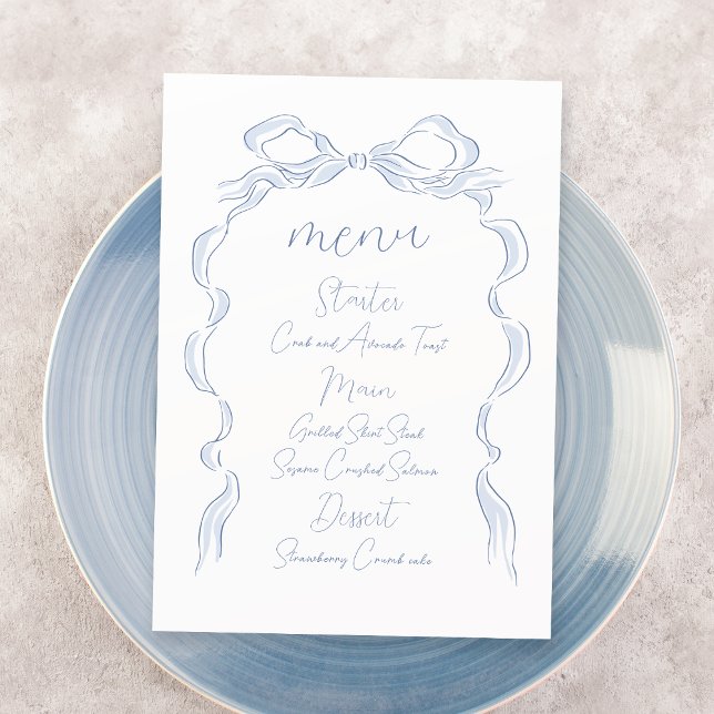 Menu Élégant Mariage de mâchoire bleu Dusty (Elegant Dusty Blue Hand Drawn Bow Wedding Menu)