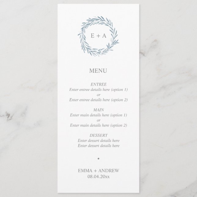 Menu Élégant Mariage de monogramme de couronne bleu (Devant)