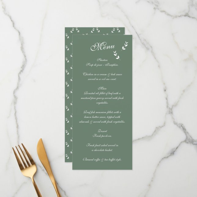 Menu Élégant Mariage de script en vert d'olive Sage for (Devant/Arrière en situation)