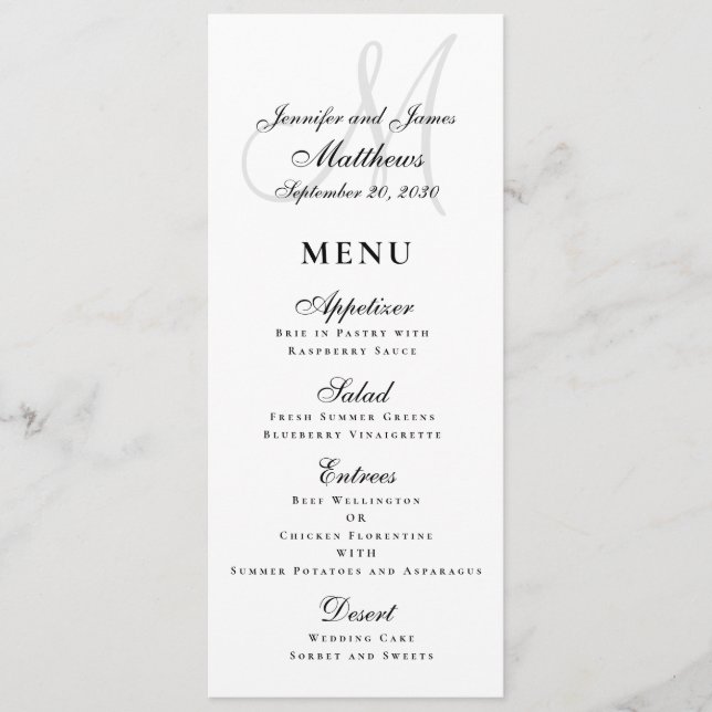 Menu Élégant Mariage de script noir blanc (Devant)