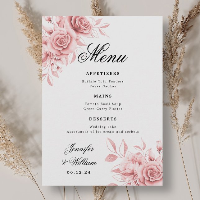 Menu Élégant Mariage de script rose rose pâle rose flor (Elegant Script Wedding Blush Pink Rose Floral Menu)