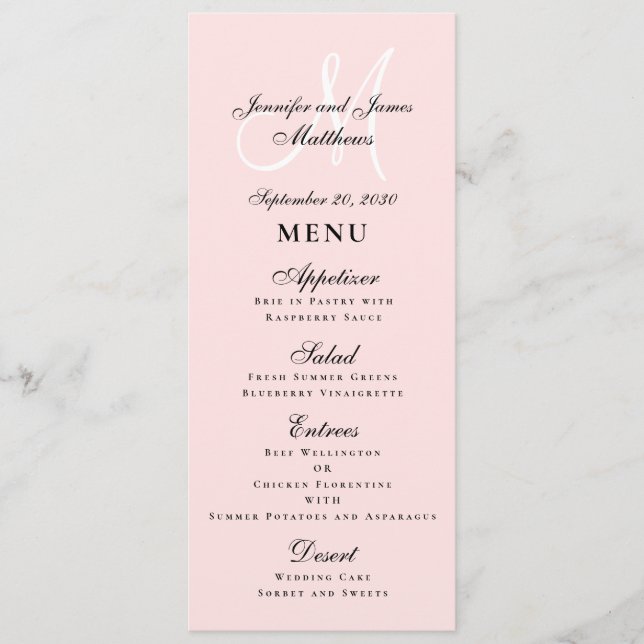 Menu Élégant Mariage de script rose vierge (Devant)