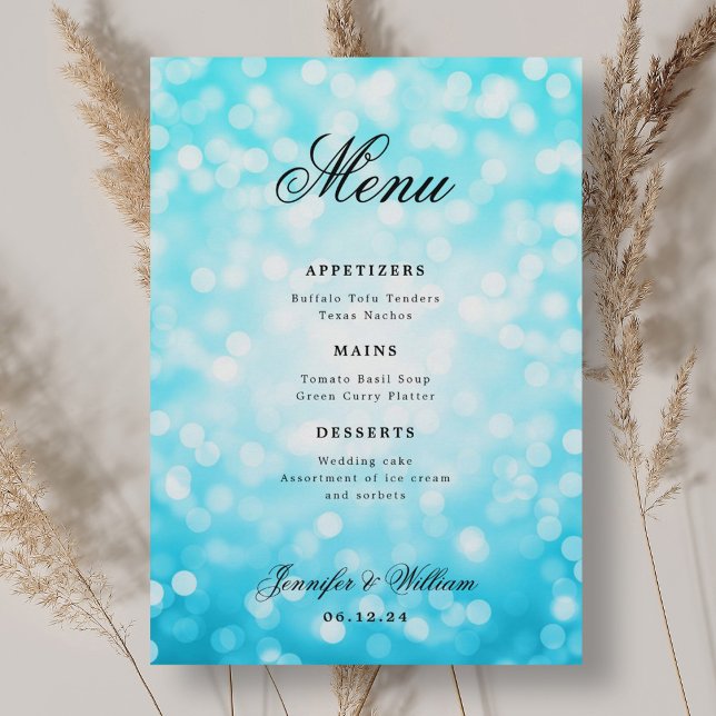 Menu Élégant Mariage de script Turquoise Bokeh Lumières (Elegant Script Wedding Turquoise Bokeh Lights Menu)