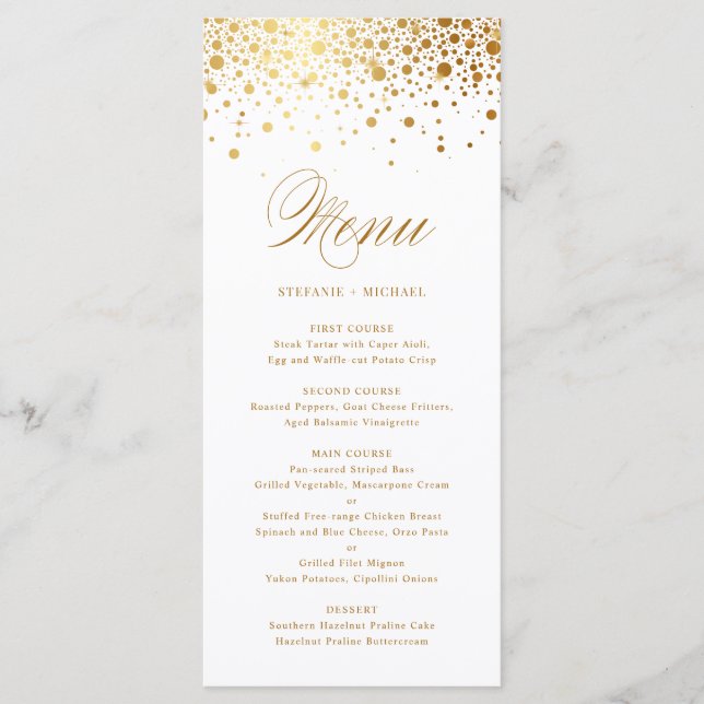 Menu Élégant Mariage Faux Gold Foil Confetti (Devant)