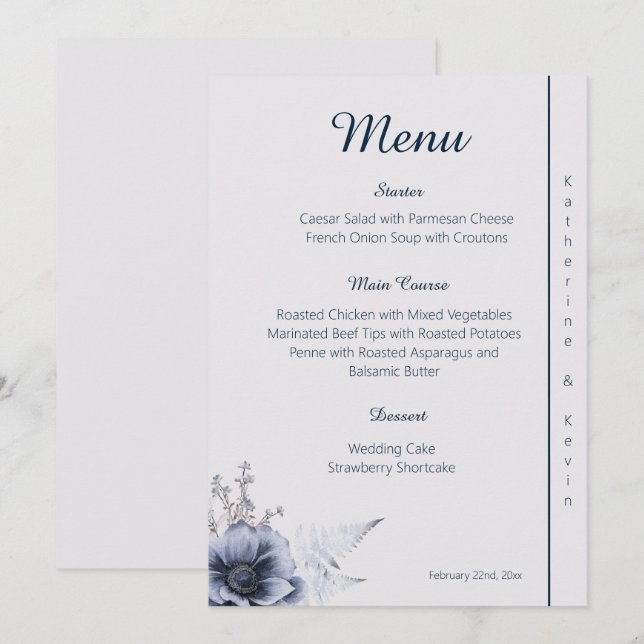 Menu Élégant Mariage floral bleu et blanc (Devant / Derrière)