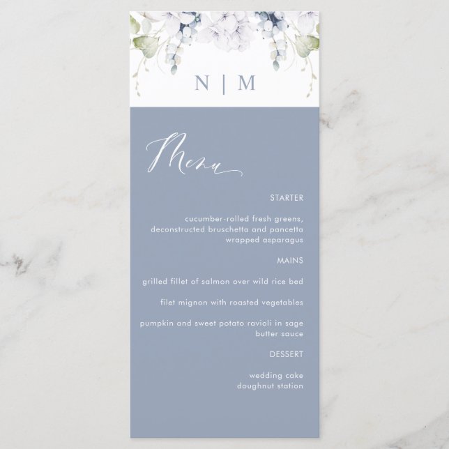 Menu Elégant Mariage floral bleu et blanc Dusty (Devant)