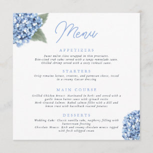 Menu Élégant Mariage floral Blue Hydrangea