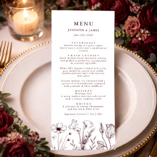 Menu Élégant Mariage Floral Bordeaux