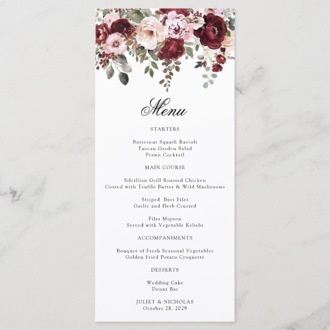 Menu Elégant Mariage floral Bourgogne et bleu (Devant)