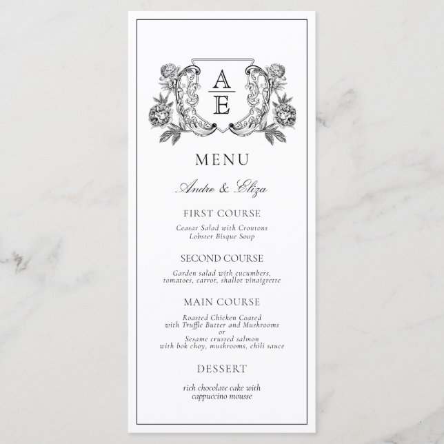 Menu Élégant Mariage floral de pivoine noire et blanche (Devant)