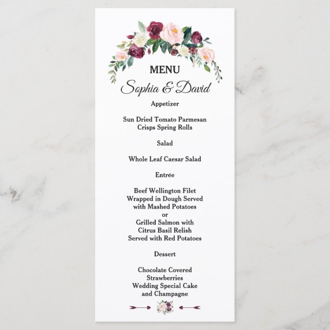 Menu Élégant Mariage floral d'ivoire de Bourgogne (Devant)