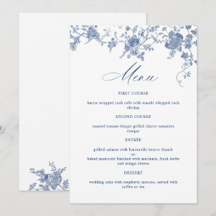 Menu Élégant Mariage Floral Français Bleu Victorien