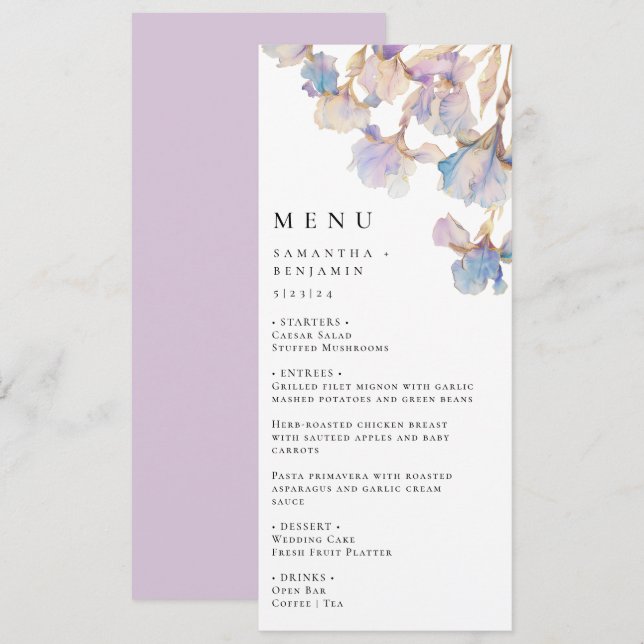 Menu Élégant Mariage floral Iris (Devant / Derrière)