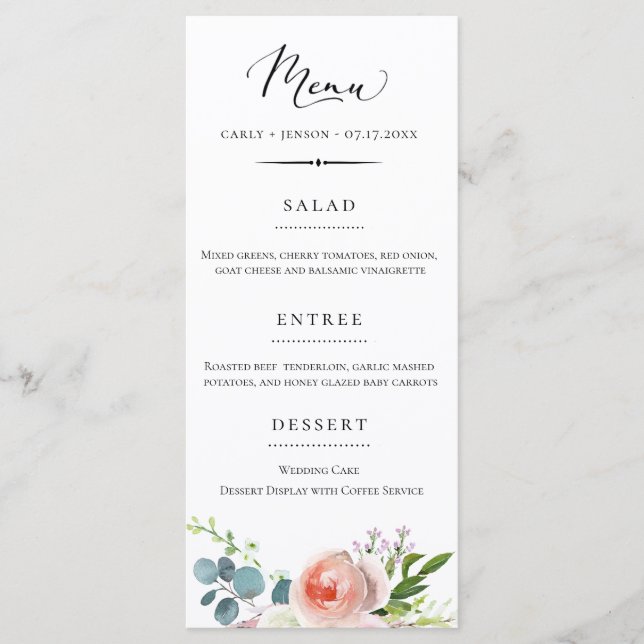 Menu Élégant Mariage Floral Jardin (Devant)