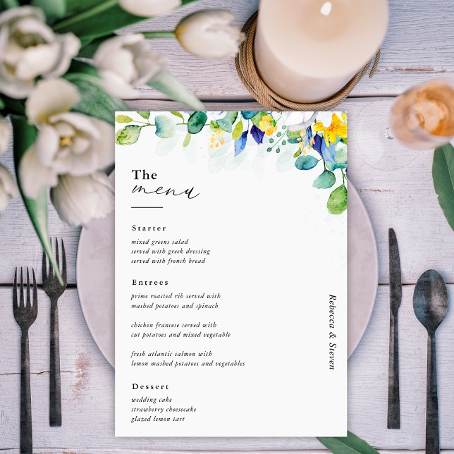 Menu Élégant mariage floral jaune blanc bleu (Créateur téléchargé)