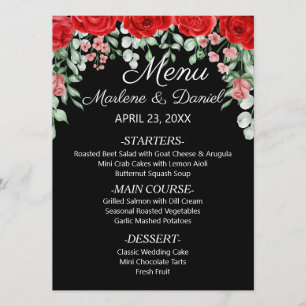 Menu Élégant Mariage Floral Noir Et Rouge