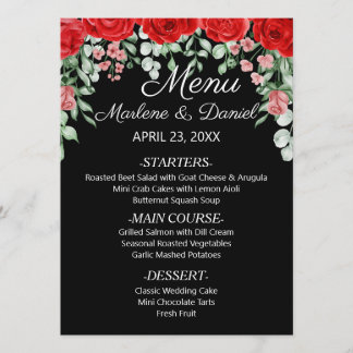 Menu Élégant Mariage Floral Noir Et Rouge