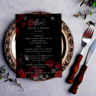 Menu Élégant Mariage floral noir et rouge personnalisé