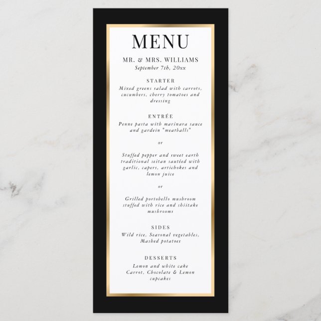 Menu Élégant Mariage moderne noir blanc et or (Devant)