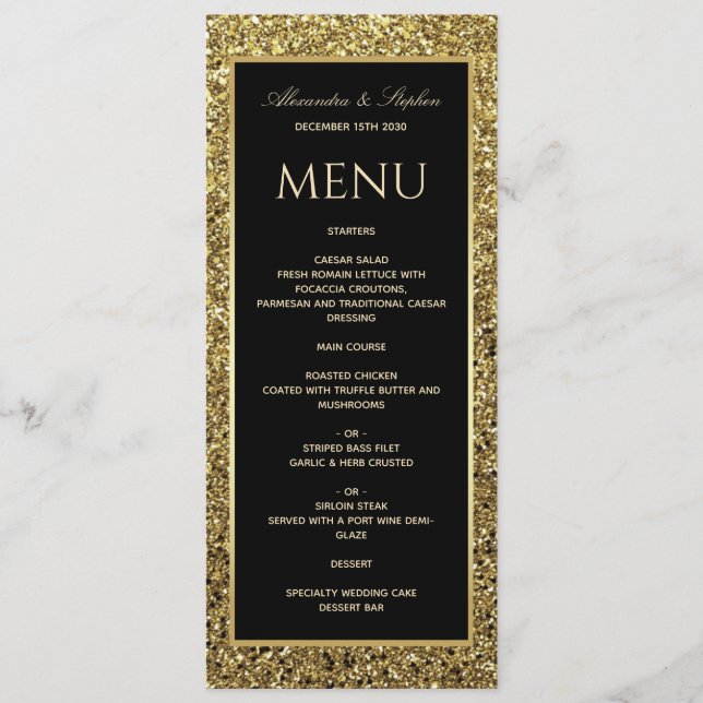 Menu Élégant Mariage noir et Parties scintillant or (Devant)