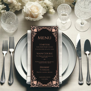 Menu Élégant Mariage Noir Rose Antique Orné Vintage