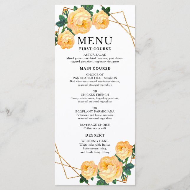 Menu Elégant Mariage or géométrique Orange Floral Boho (Devant)