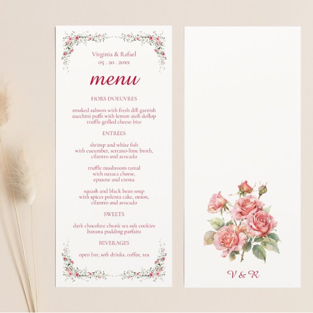 Menu Elégant Mariage Rose aquarelle (Elegant Rose Watercolor Wedding Menu Cards)