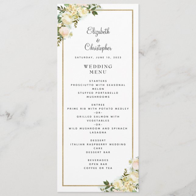 Menu Elégant mariage Rose Floral Gold Frame Blanc (Devant)