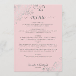 Menu Élégant Mariage rose pâle sur dentelle argenté