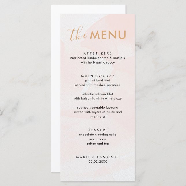 Menu Élégant Mariage rose Pastel (Devant / Derrière)