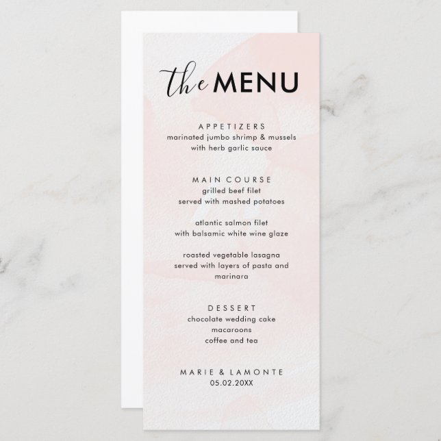 Menu Élégant Mariage rose Pastel (Devant / Derrière)