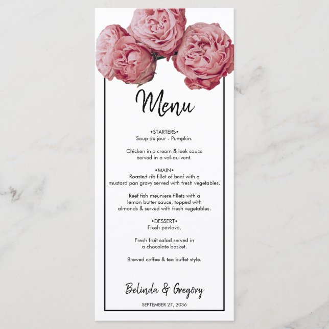 Menu Élégant Mariage rose Roses (Devant)