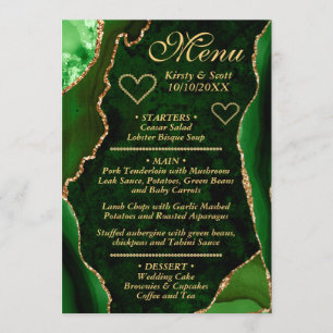 Menu Élégant Mariage Vert et Or Faux Paillettes d'Agate