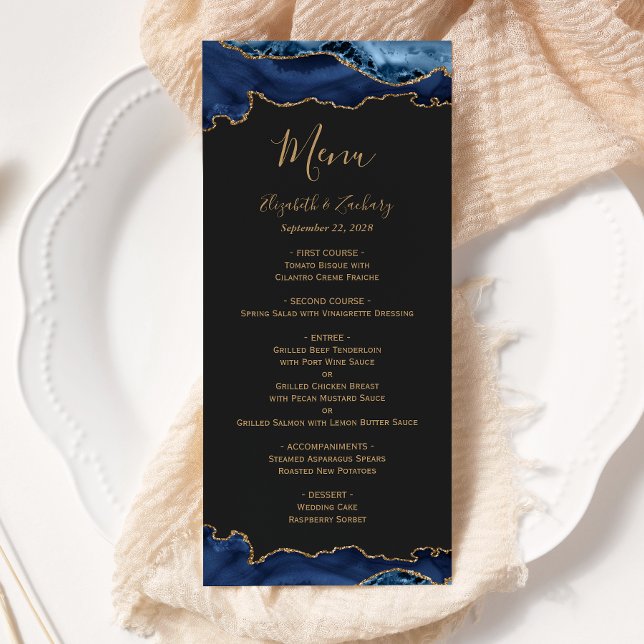 Menu Elégant Marine Blue Gold Agate Dark Mariage (Créateur téléchargé)