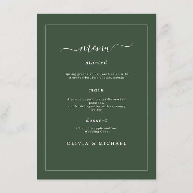 Menu Elegant Minimalist Wedding Dark Green Classic Chic (Devant)