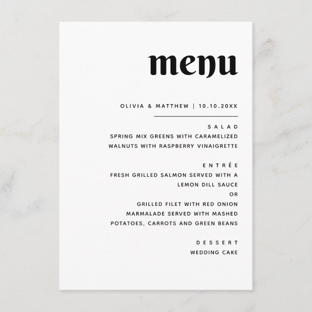 Menu Élégant minimaliste Mariage | Dîner noir et blanc (Devant)