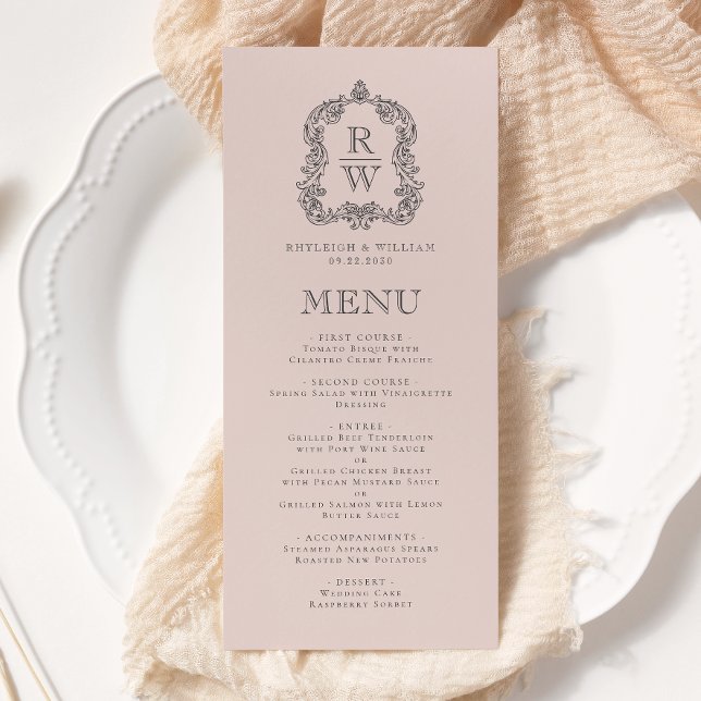 Menu Elegant Monogram Crest Blush Pink Wedding (Créateur téléchargé)