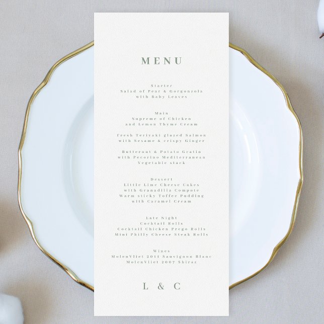 Menu Élégant Monogramme blanc vert Sage simple (Créateur téléchargé)